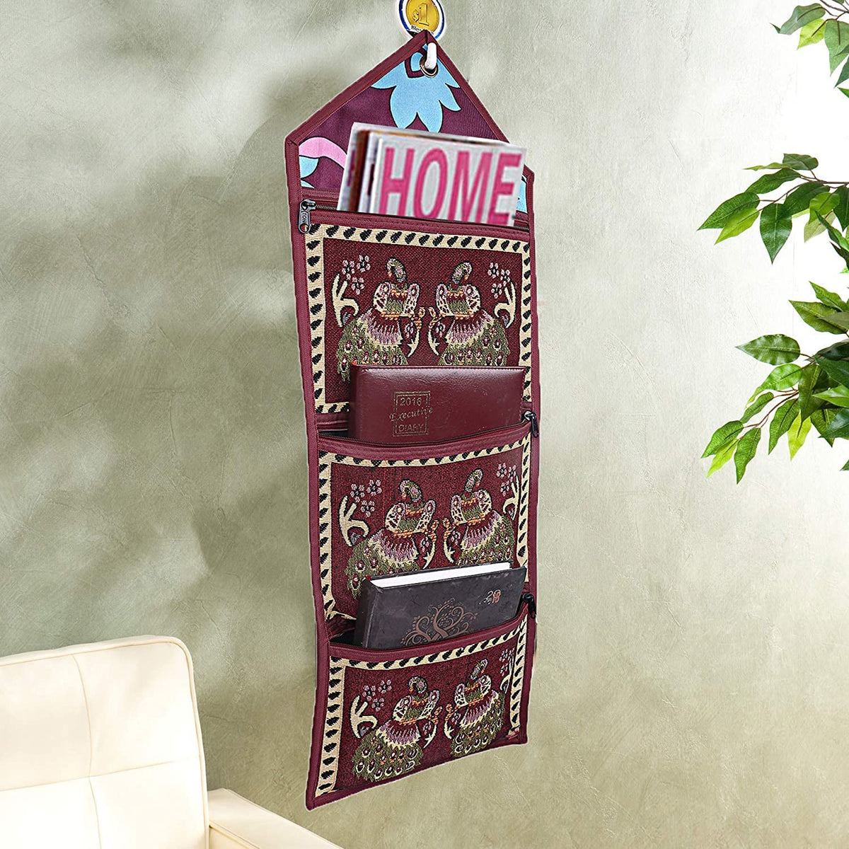 Kuber Industries Lahariya Design Cotton Wall Hanging Magazine Letter Holder(Maroon) - CTKTC030731