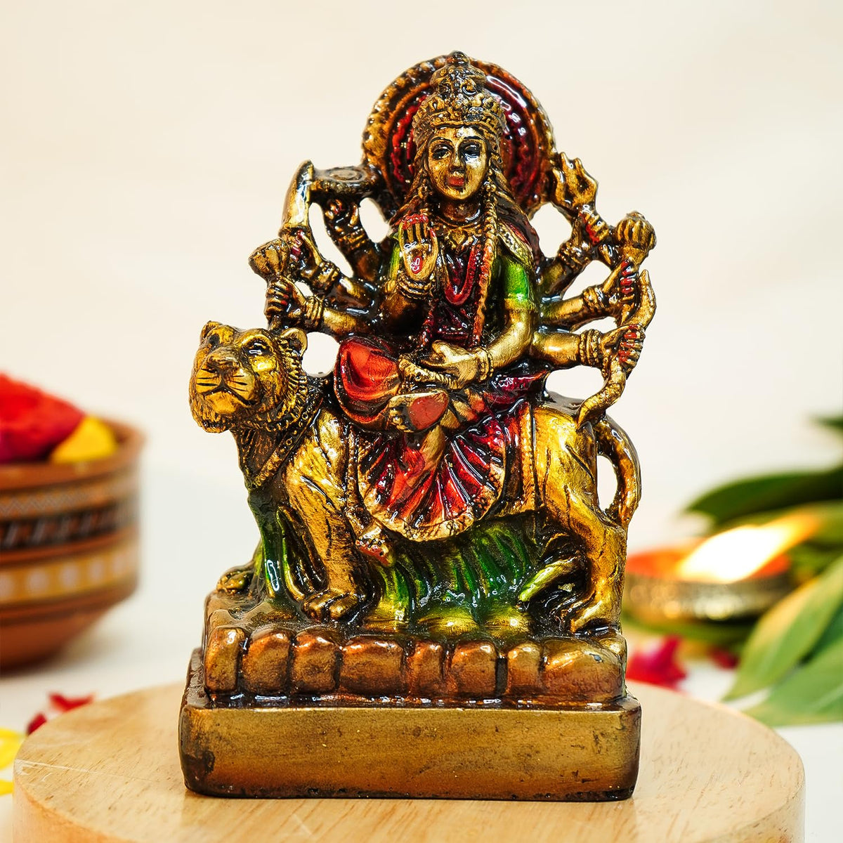 Ekhasa Aura Series Antique Gold Painted Durga Maa Idol (5 inch) | Marble Dust Durga MATA Murti for Home, Puja | Resin MATA Rani Murti for Office | Maa Durga Murti for Gift | Sherawali MATA Murti