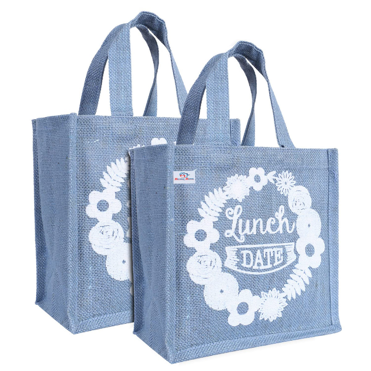 Heart Home Lunch Bag|Reusable Jute Fabric Tote Bag|Lunch Date Print Tiffin Carry Hand Bag with Handle for Office,School,Gift,Pack of 2 (Gray), 1 Liter