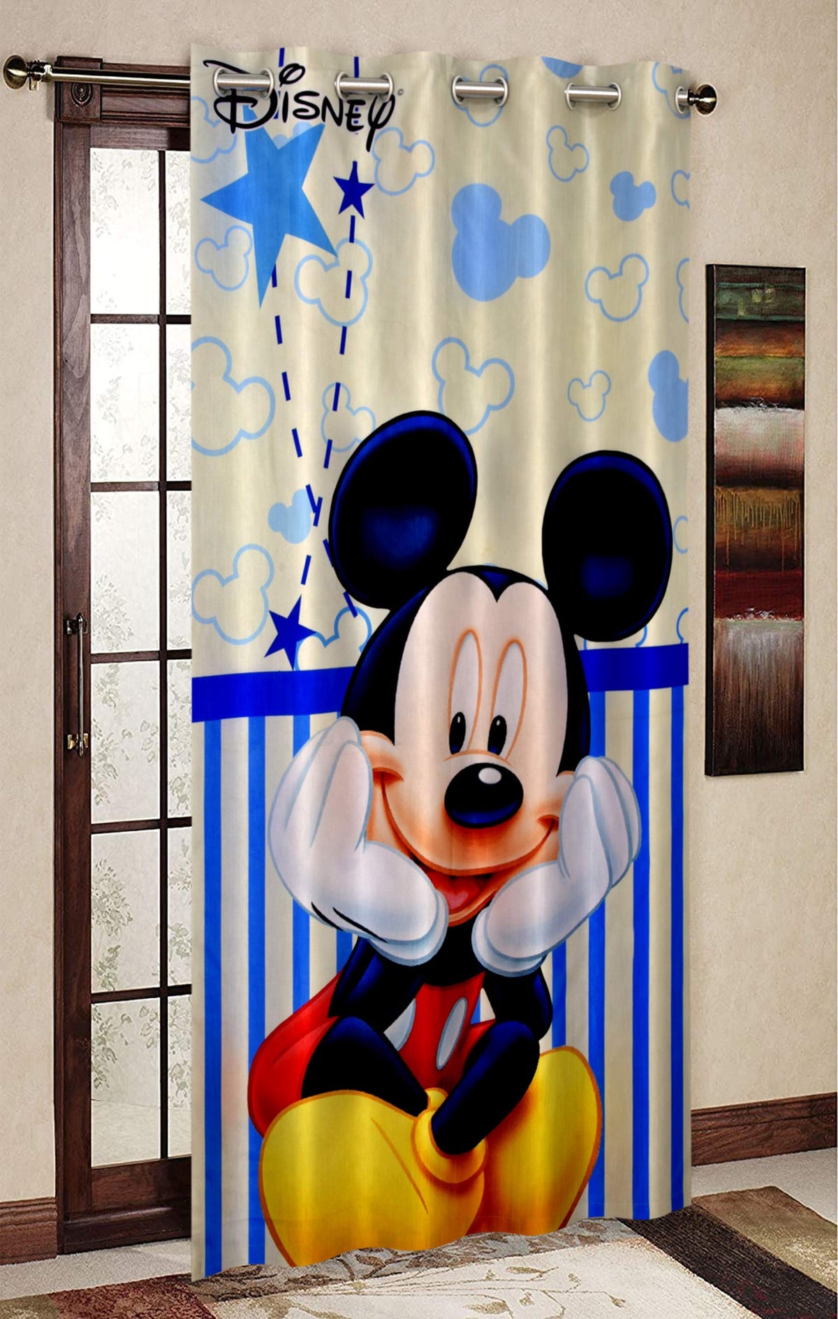 Kuber Industries Disney Mickey Print Polyester Special Blackout Long Crush Eyelet Door Curtain 7 Feet (Cream)-KUBERMART22