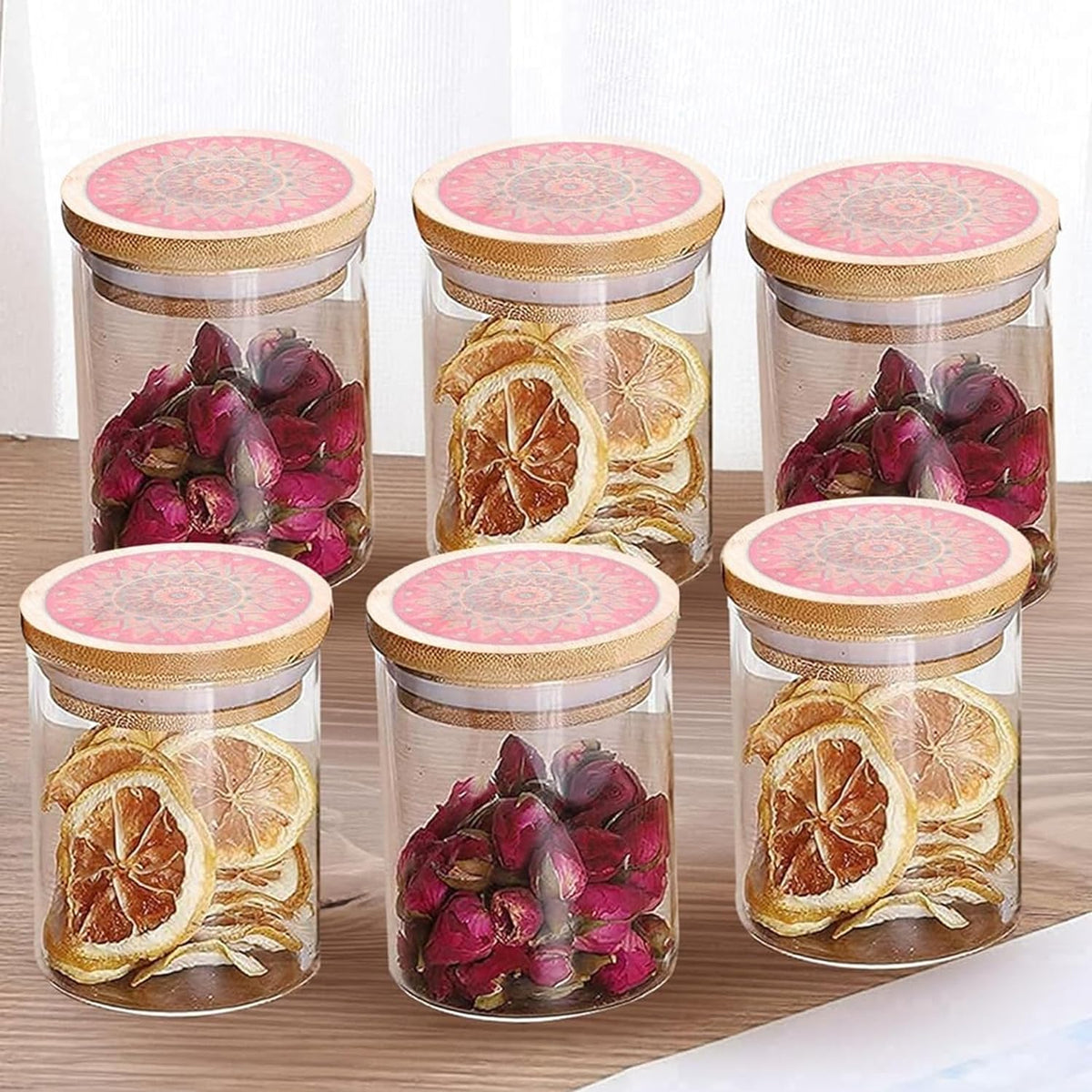 Ekhasa Airtight 100% Borosilicate Glass Jars with Printed Bamboo Lid (Set of 6, 300ml) | Glass Container for Kitchen Storage | Kitchen Containers Set Glass | Air Tight Glass Jar with Wooden Lid