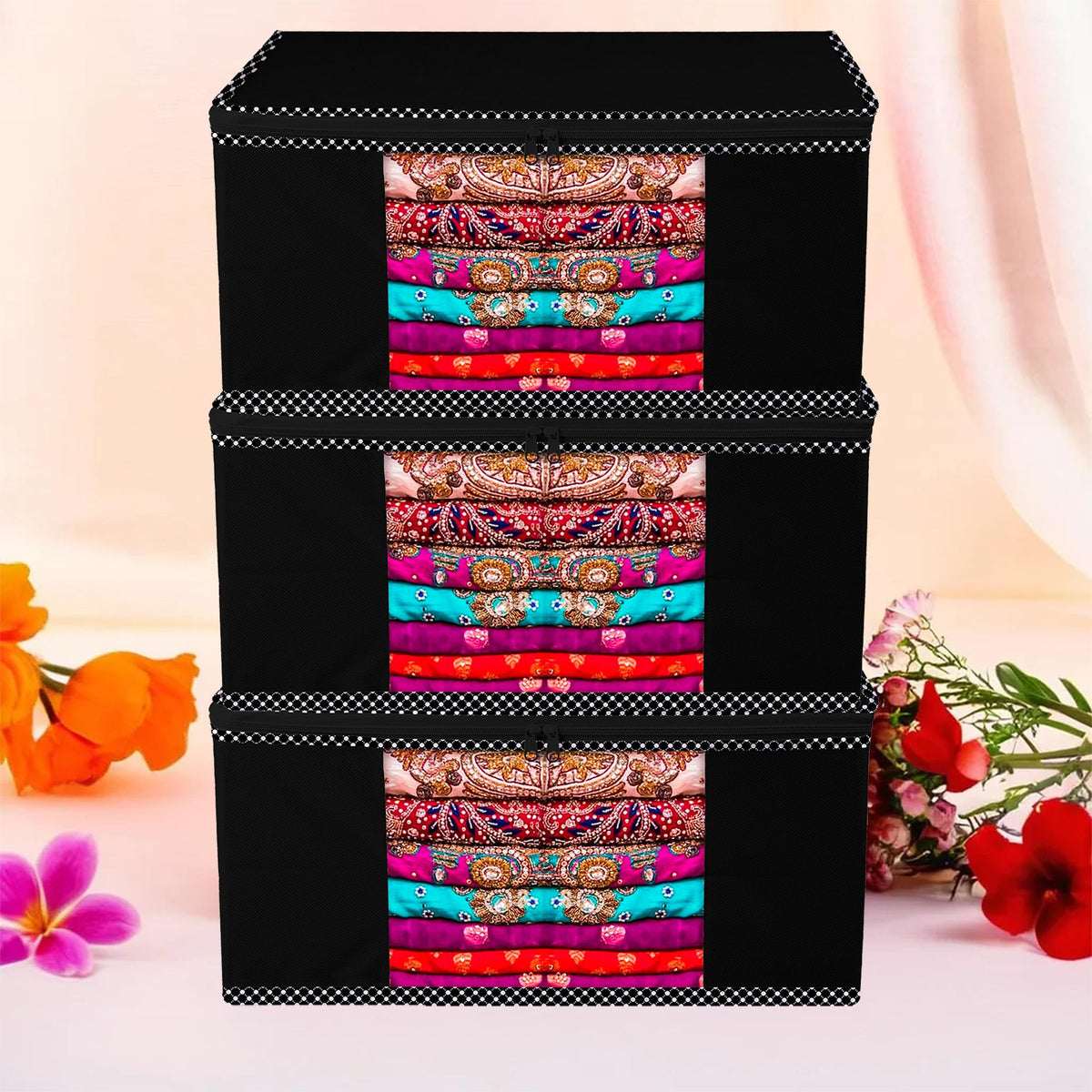 Kuber Industries Saree Cover | Zip Closure Saree Cover | Clothes Storage Bag | Wardrobe Organiser for Suit | Transparent Window Saree Cover | Dot Border-Design | 9 inch | Pack of 3 | Black
