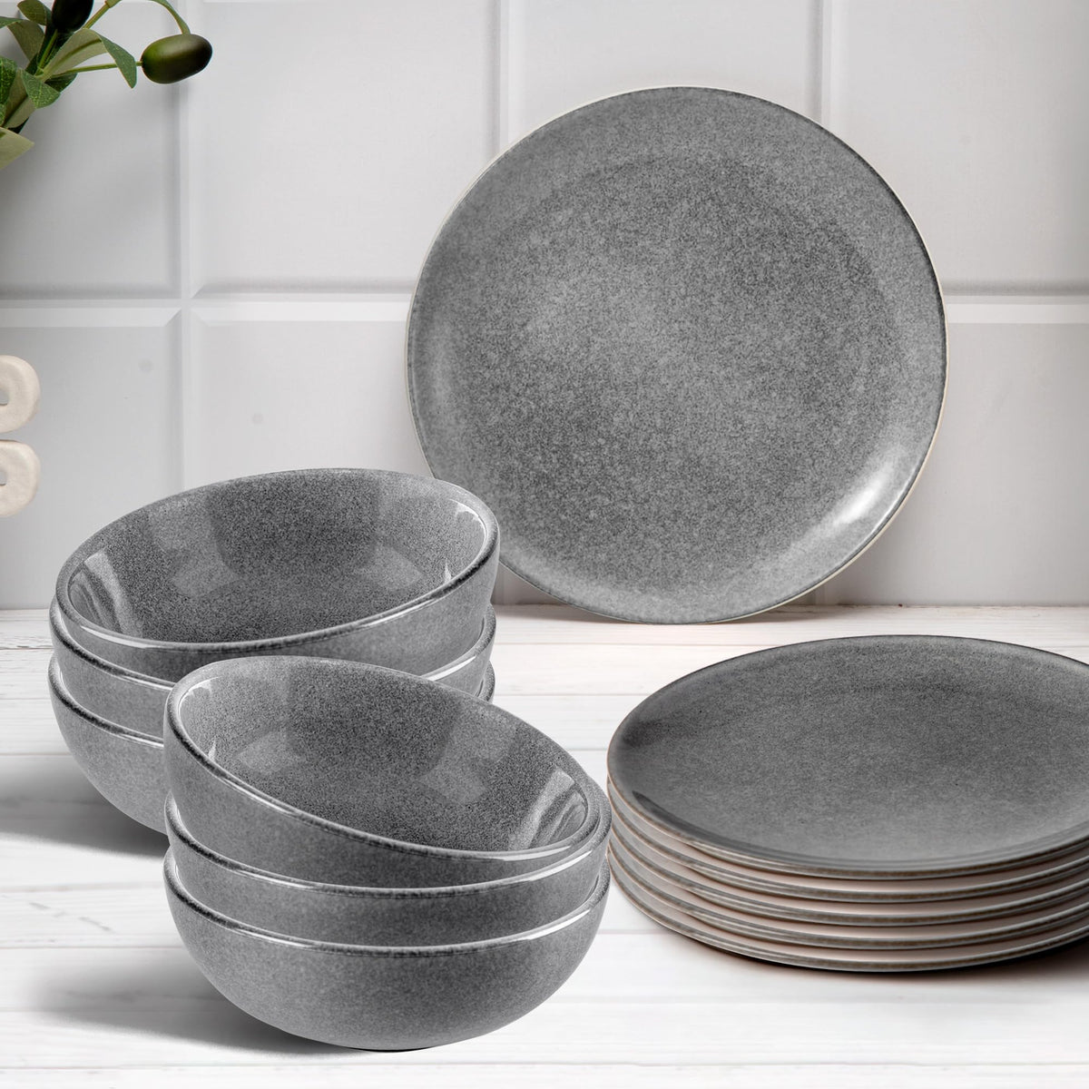 Anko Glazed Stoneware 12 pcs Dinner Set | Light-Weight Premium Crockery for Dining Table, Home, Restaurant, Gifting | Aesthetic Tableware Service Set for 6 | 6 Bowls (6"), 6 Side Plates (7"), Grey