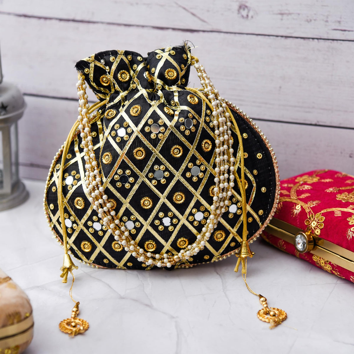 Kuber Industries Potli | Wedding Potli | Drawstring Potli with Handle | Wallet Potli | Christmas Gift Potli | Baby Shower Potli | Mirror Check-Shagun Potli | Black