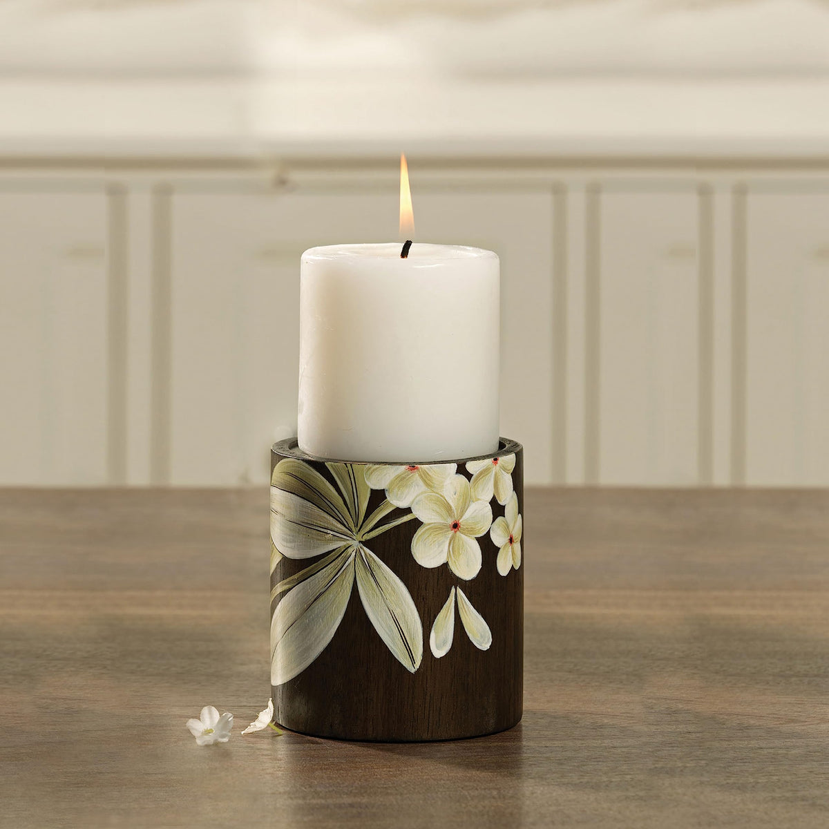 Ellementry Frangipani Pillar Candle Holder (Small) | Decorative Candlestick Holders for Living Room and Home Decor | Wooden Candle Stands for Wedding, Parties, Gifting and Dining Table Centerpiece