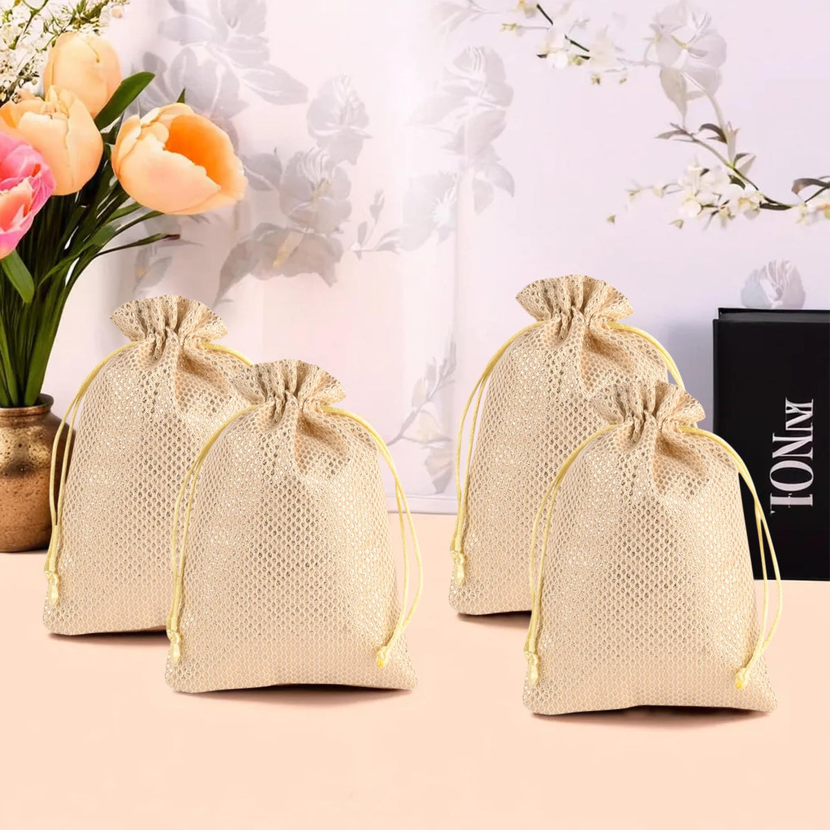 Kuber Industries Potli | Zari Wedding Potli | Drawstring Closure Potli | Wallet Potli | Christmas Gift Potli | Baby Shower Potli | Traditional Shagun Potli | 5x7 Inch | Small | Pack of 4 | Golden