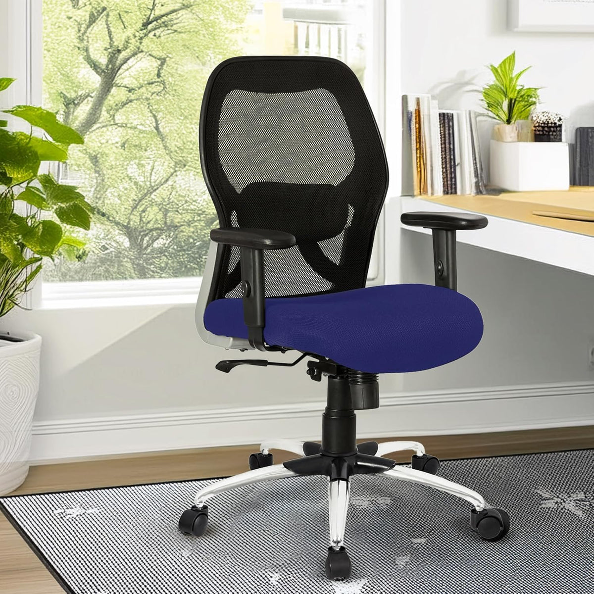 Kuber Industries Ergonomic Office Chairs for Work from Home with Meshback | Comes with Manual Height Adjustable Armrest & 2D Lumbar Support | Comfy Chair for Students with Wheels | Black & Blue Seat