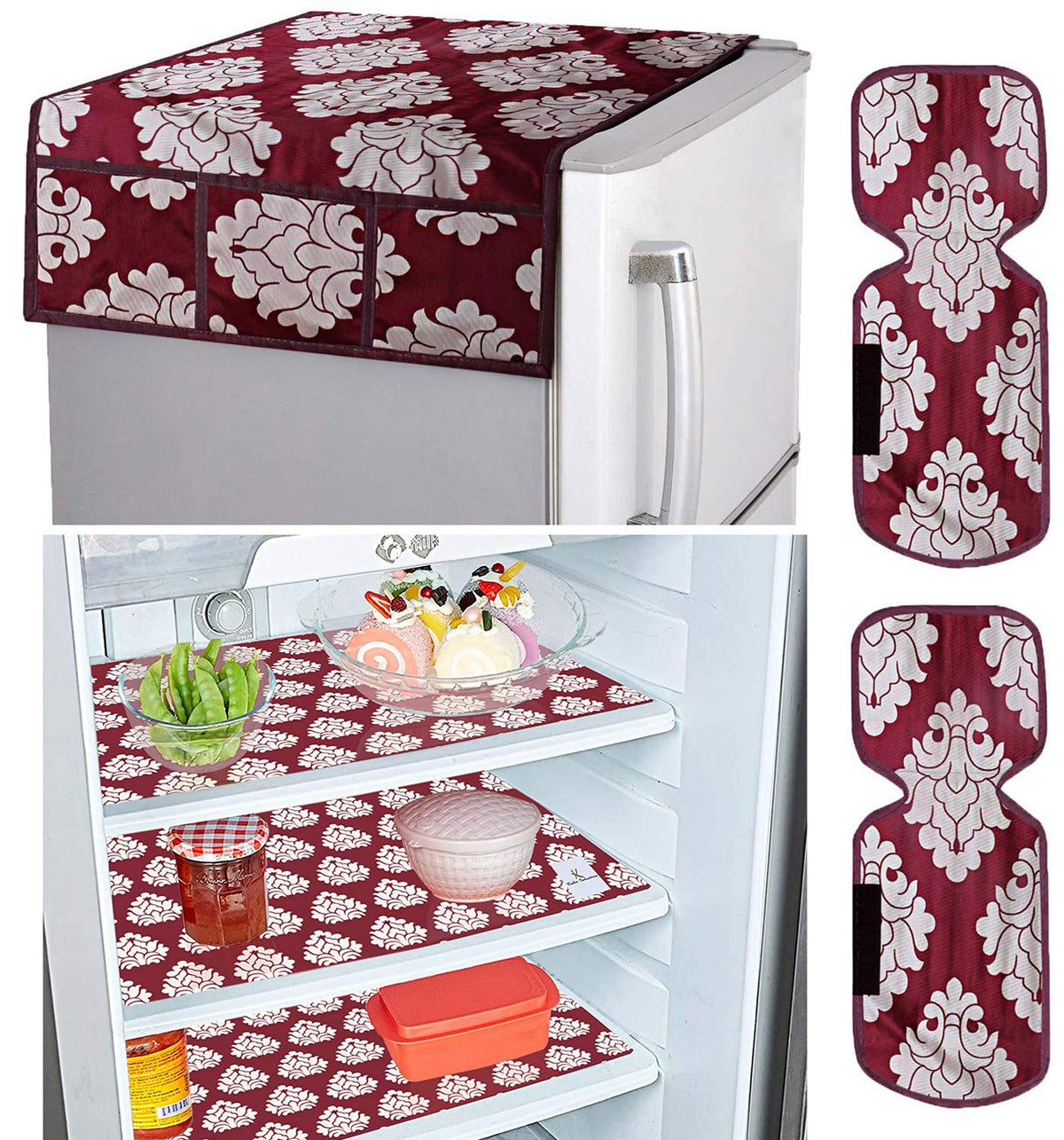 Kuber Industries Flower Design 3 Pieces PVC Fridge Mats, 2 Piece Handle Cover and 1 Piece Fridge Top Cover (Maroon)-KUBMART2850