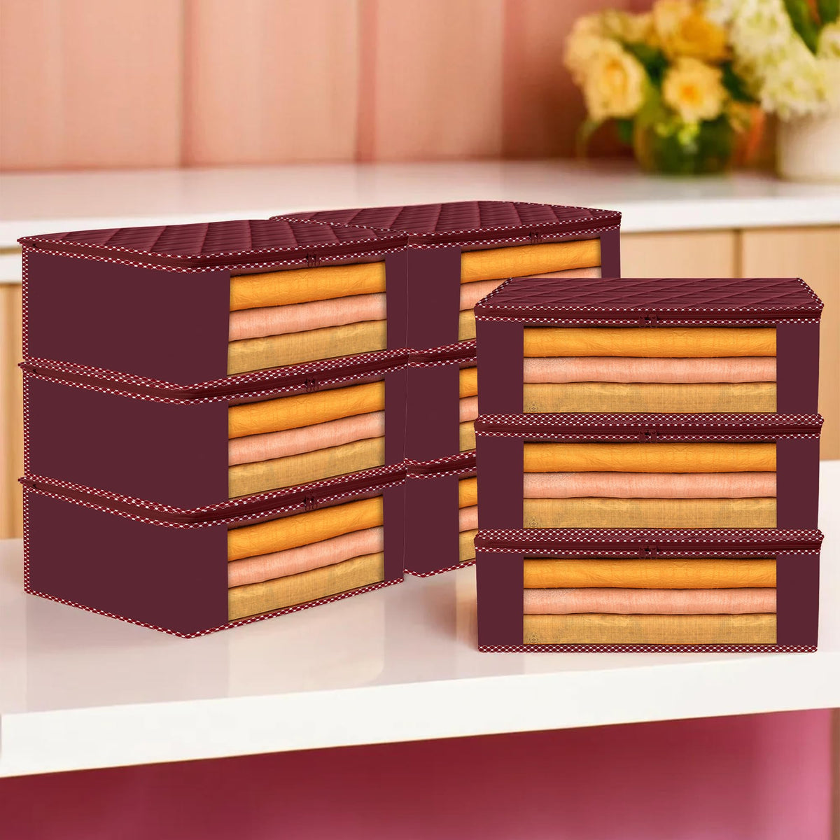 Kuber Industries Saree Cover | Clothes Storage Bag | Storage Organizer Bag | Zip Closure Saree Cover | Wardrobe Organizer | Dot Border-Design | 6 Inch | Pack of 9 | Maroon