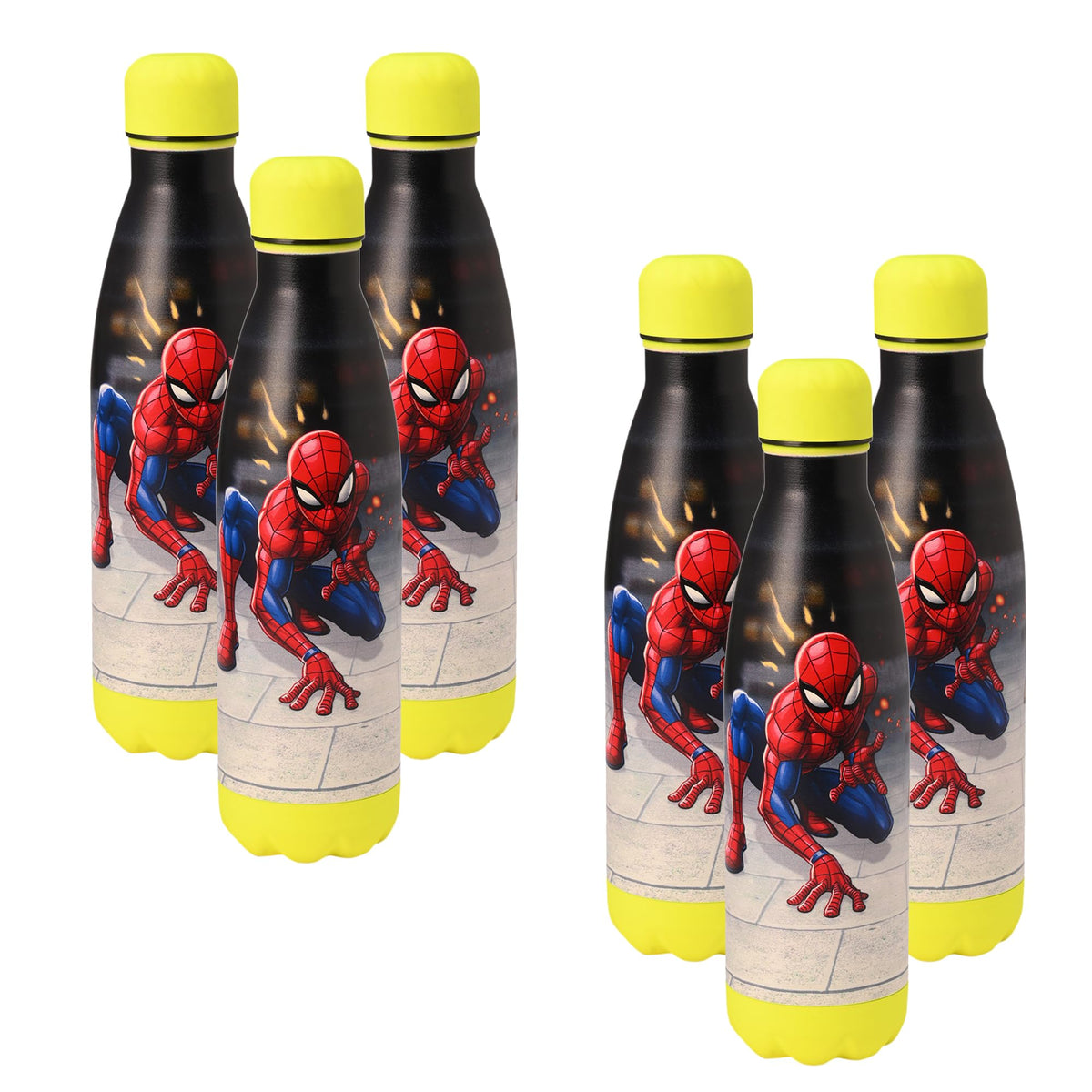 Kuber Industries 500 ml Water Bottle with 2 Lids | Marvel Spiderman | Stainless Steel Bottle for Travel-Gym & Sports | BPA-Free Insulated Sipper Bottle for Adults & Kids with Straw | Red | Pack of 6