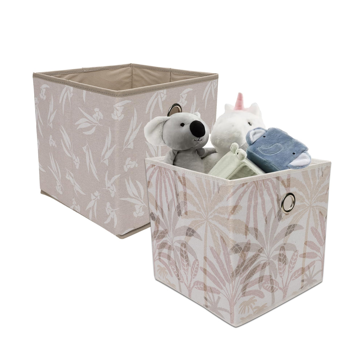 Anko Australia Printed Foldable Storage Cube- Set of 2 | Sturdy Durable Fabric | Strong Eyelets | Eucalyptus Print & Palm Print | Ideal for Saree, Shirts, Woolens, Books, Toys | 10.6 x 10.6 x 10.6 In