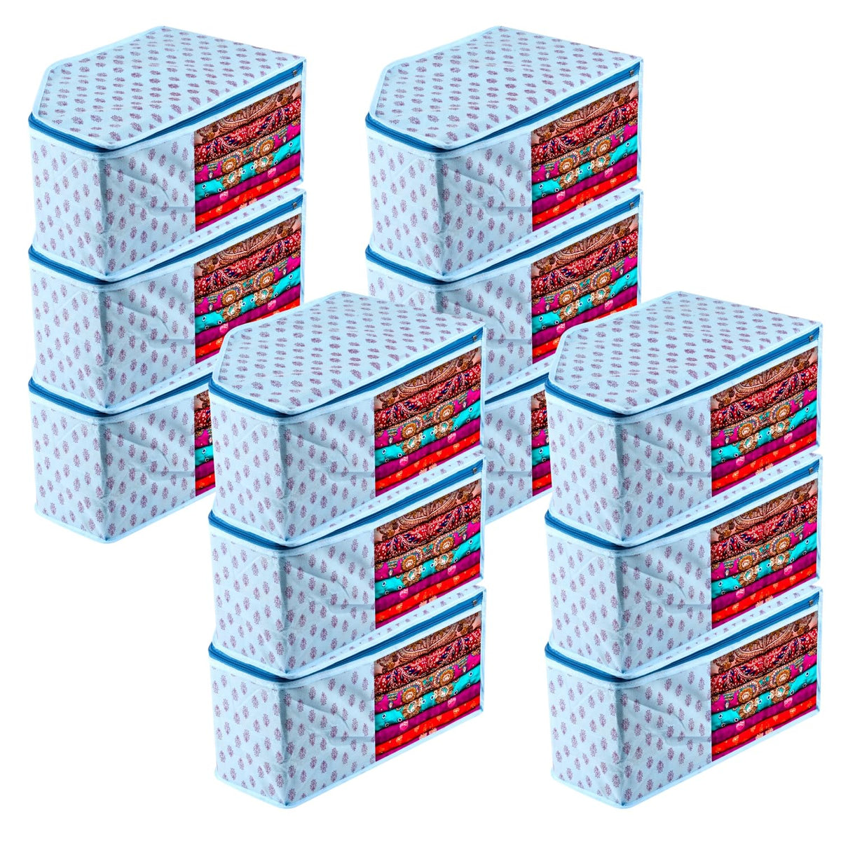 Heart Home Blouse Cover | Clothes Storage Bag | Zipper Wardrobe Organizers | Non-Woven Clothes Organiser | Side Transparent Blouse Organizer | Floral-Design | Pack of 12 | Blue