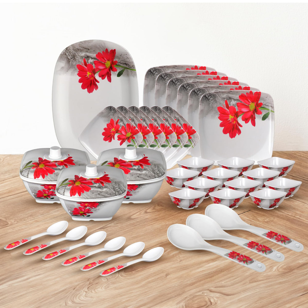 Thermador Melamine 40 Pcs Dinner Set | Crockery Set |6 Dinner Plates, 6 Small Plates, 1 Serving Tray, 3 Big Serving Bowls with Lid, 12 Small Bowls, 6 Spoons, 3 Serving Spoons White Red