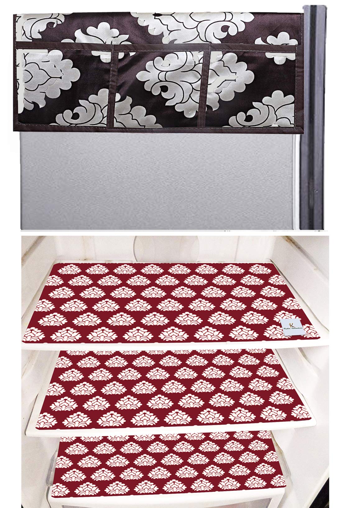 Kuber Industries Flower Design 3 Pieces PVC Fridge Mats and 1 Piece Fridge Top Cover (Brown) CTKTC34076,Standard