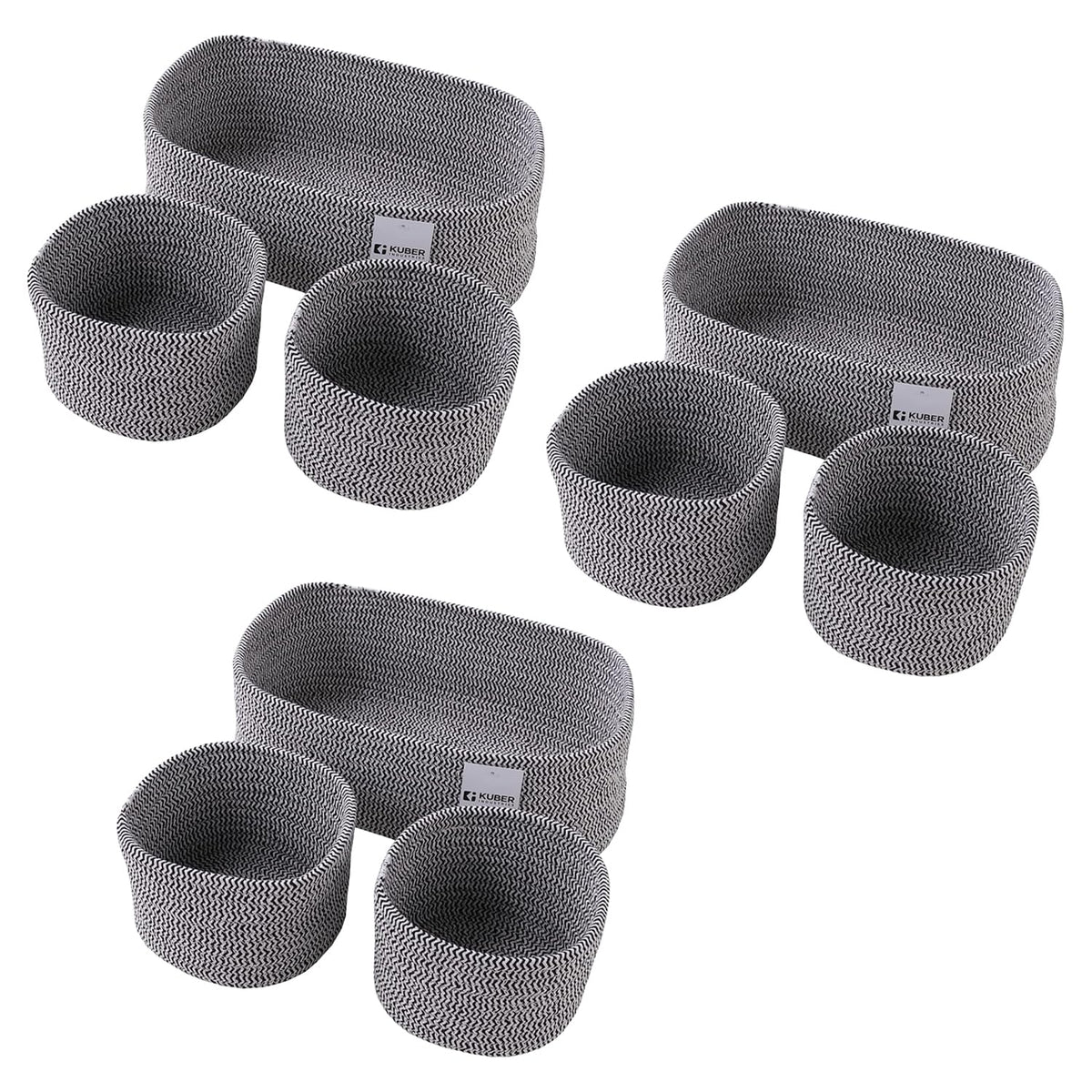 Kuber Industries Pack of 9 Cotton Woven Storage Basket With Handle|Shelf Basket Hamper|Organizer for Toys, Socks, Cosmetic|Capacity 9.2L, 3L,3L|Grey|