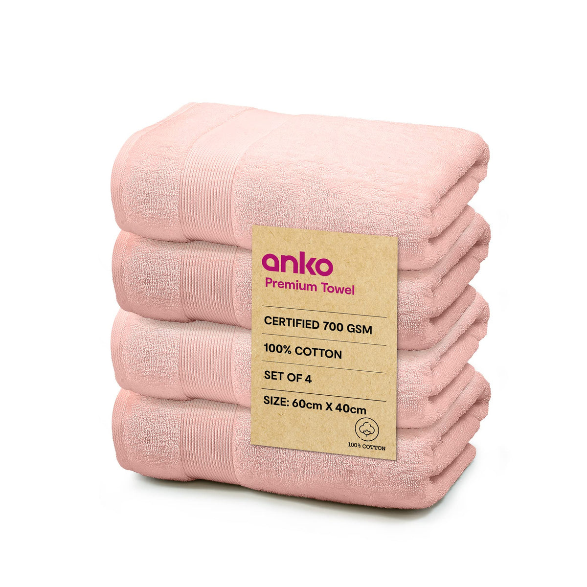 Anko Australia 100% Cotton 700 GSM Plush Hand Towel | Set of 4 | Super-Soft, Absorbent, Quick-Drying | Pink Towel for Men, Women & Kids | 60x40 cm |Travel, Gym, Spa Towel