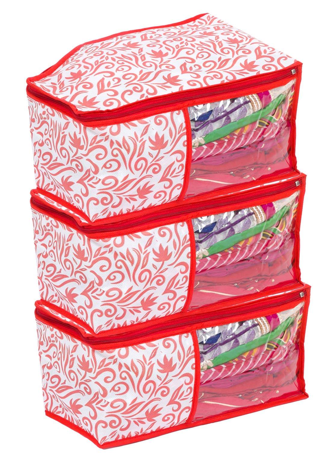 Kuber Industries Floral Design 3 Pieces Non Woven Blouse Cover Set (Red & White) - CTKTC23188