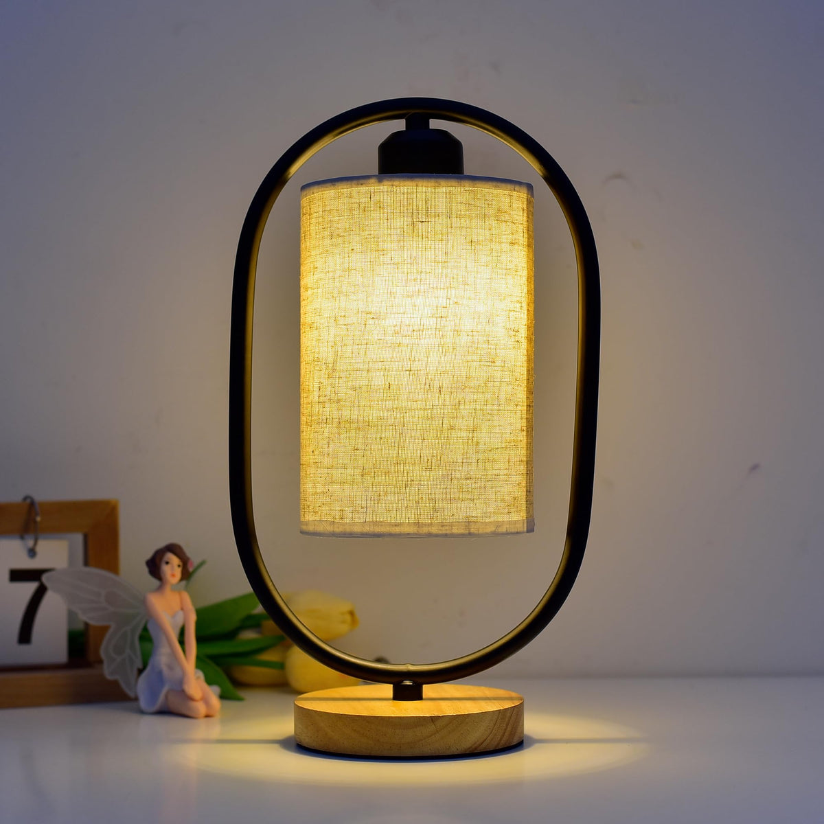 UMAI Dimmable Table Lamp for Bedroom | 35 Cm Height| Wood Base with Fabric Shade | Table Lamp for Study | House Warming Gift for New Home| Home Decor Items for Living Room