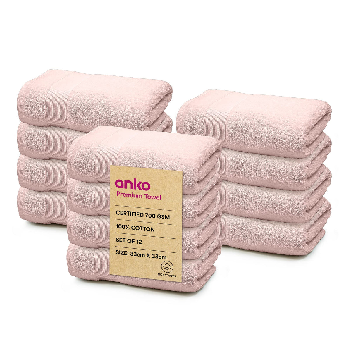 Anko Australia 100% Cotton 700 GSM Plush Face Towel | Set of 12 | Super-Soft, Absorbent, Quick-Drying | Soft Pink Towel for Men, Women & Kids | 33x33 cm |Travel, Gym, Spa Towel