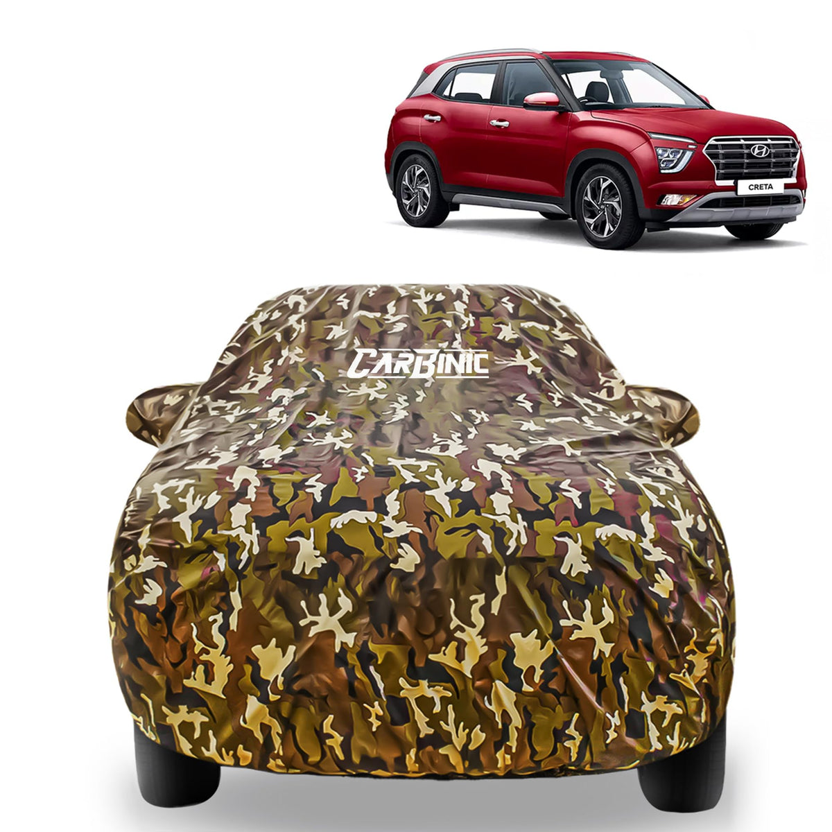 CARBINIC Waterproof Car Body Cover for Hyundai Creta 2022 | Dustproof, UV Proof Car Cover | Creta Car Accessories | Mirror Pockets & Antenna Triple Stitched | Double Layered Soft Cotton Lining, Jungle