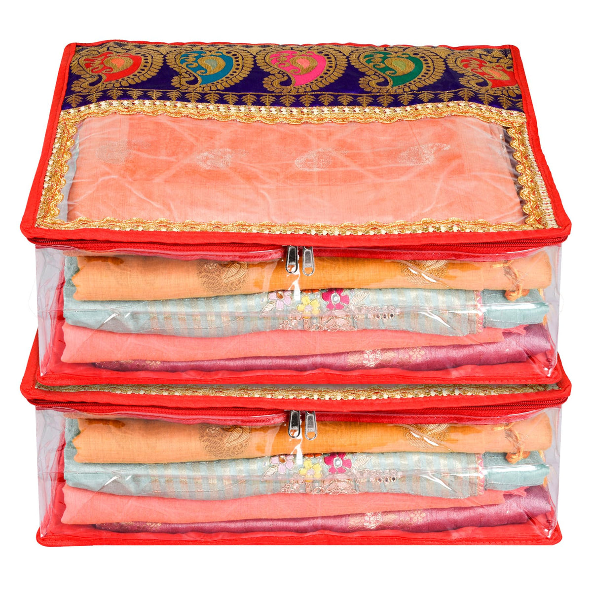 Kuber Industries Saree Cover | Clothes Storage Bag | Storage Organizer Bag | Zip Closure Saree Cover | Wardrobe Organizer | Carry Half Lace Transparent Saree Cover | 6 Inch | Pack of 2 | Red