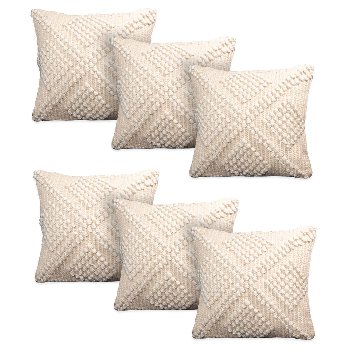 Anko Australia Romy Woven Polyester & Linen Printed Square Cushion Cover Set of 6 | Textured Throw Pillow Covers with Tassels for Sofa & Bed (Without Filler) | 43 x 43 cm Each, Natural & White