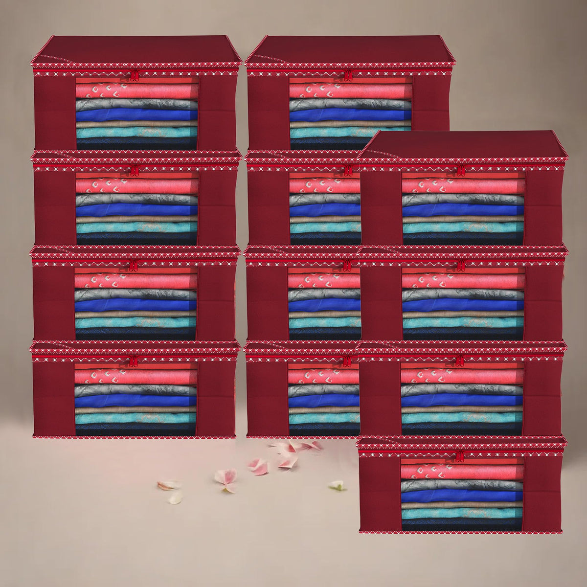 Kuber Industries Saree Cover | Zip Closure Saree Cover | Clothes Storage Bag | Wardrobe Organiser for Suit | Transparent Window Saree Cover | Dot Border-Design | 9 inch | Pack of 12 | Maroon