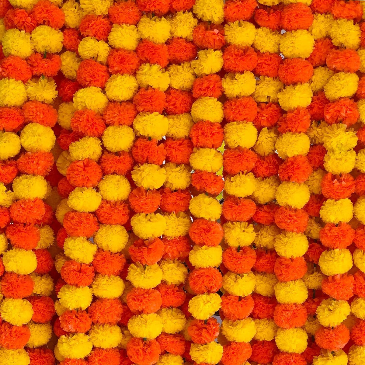 Ekhasa Artificial Yellow & Orange Hanging Marigold Garlands for Home Decoration | Garland Ladi for Diwali, Pooja, Ganpati, Festival, Temple Decor | Banthi Poola Dandalu | (Set of 5, 5 feet Each)