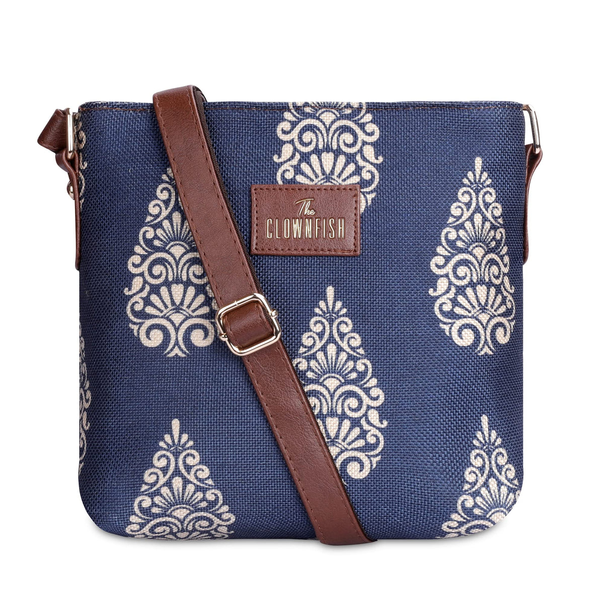 THE CLOWNFISH Aahna Printed Handicraft Fabric Crossbody Sling bag for Women Casual Party Bag Purse with Adjustable Shoulder Strap for Ladies College Girls (Navy Blue-Design)