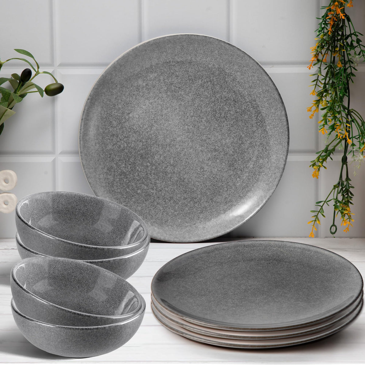 Anko Glazed Stoneware 8 pcs Dinner Set | Premium Crockery for Dining Table, Home, Restaurant, Gifting | Aesthetic Tableware Service Set for 4 | 4 Dinner Plates, 4 Bowls, Grey