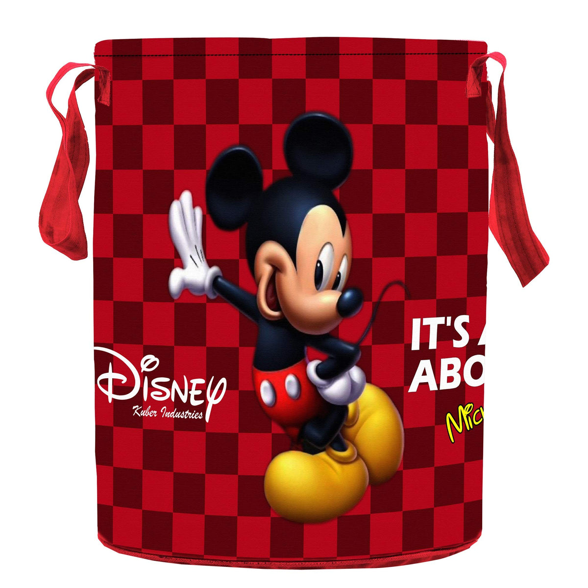 Kuber Industries Disney Team Mickey Round Non Wovan Laundry Basket with Lid & Handles|Size 37 x 37 x 47 CM |Capicity 45 LTR (Maroon),Non Woven