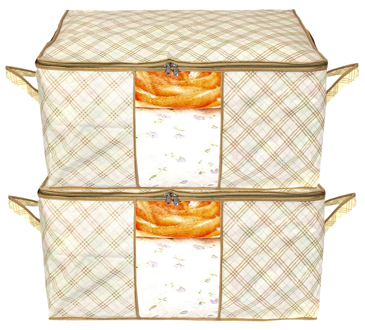 Kuber Industries Metalic Checkered Print Foldable Clothes Storage Bag Wardrobe Organizer Non Woven Fabric for Comforters,Blankets,Bedding with Sturdy Zipper,Clear Window (Set of 2,Ivory)-KUBMART16584