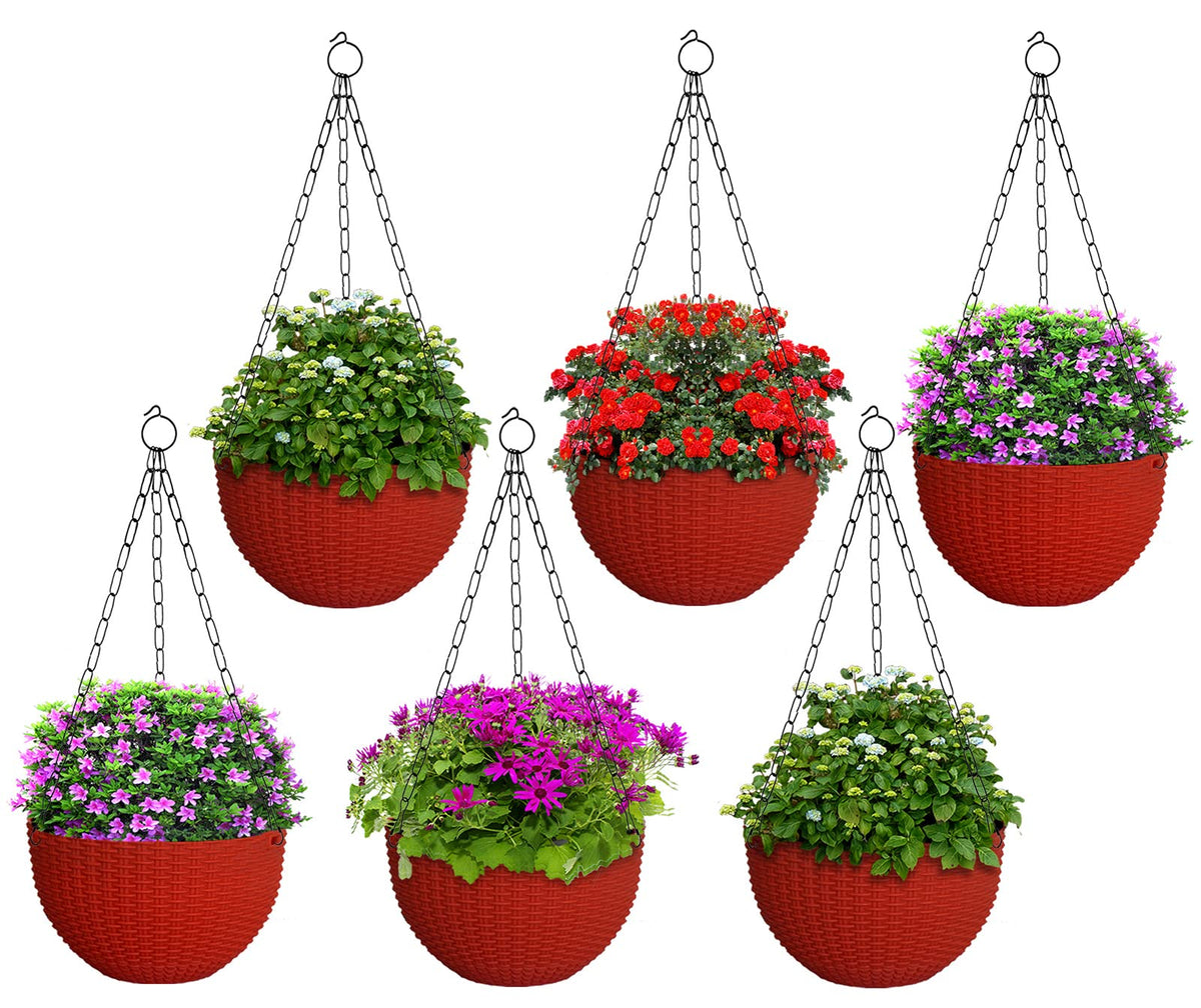 Kuber Industries Plastic Hanging Flower Pot for Balcony & Railing Set of 6 (Red)-20x20x59 cm