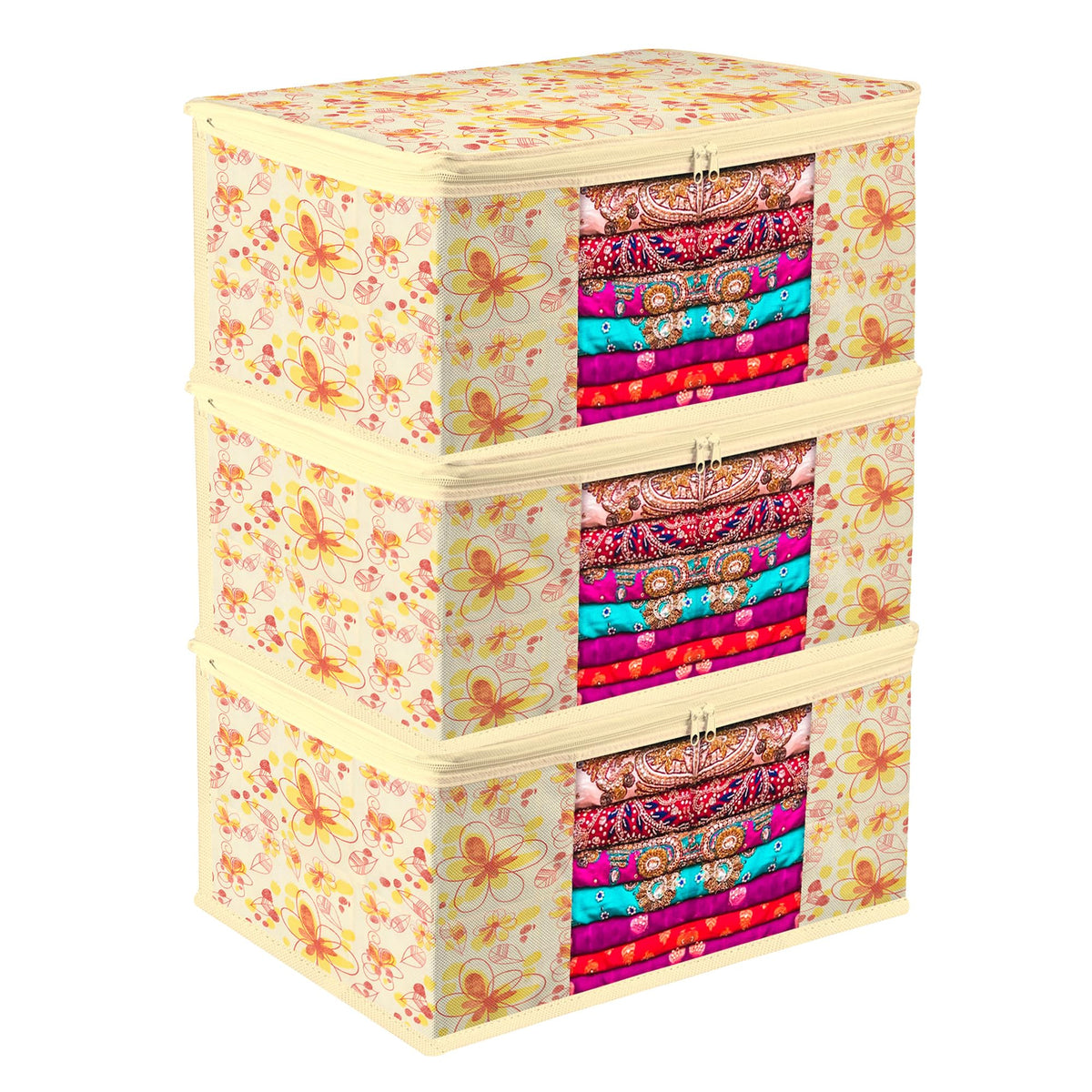 Kuber Industries Saree Cover | Zip Closure Saree Cover | Clothes Storage Bag | Wardrobe Organiser | Transparent Window Saree Cover | Red-Flower-Design | 9 inch | Pack of 3 | Ivory