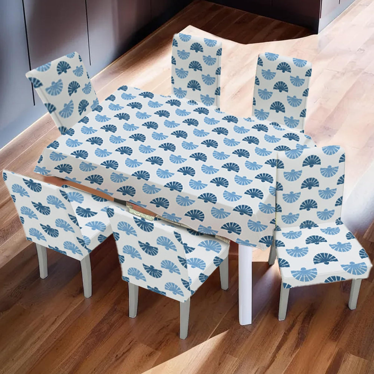 Kuber Industries Set of 7 Waterproof & Oil Repellent Dining Table Chair Cover 6 Seater Full Set | Washable & Dustproof Table & Seat Cover Protector Slipcover | Floral Leaf Pattern Blue