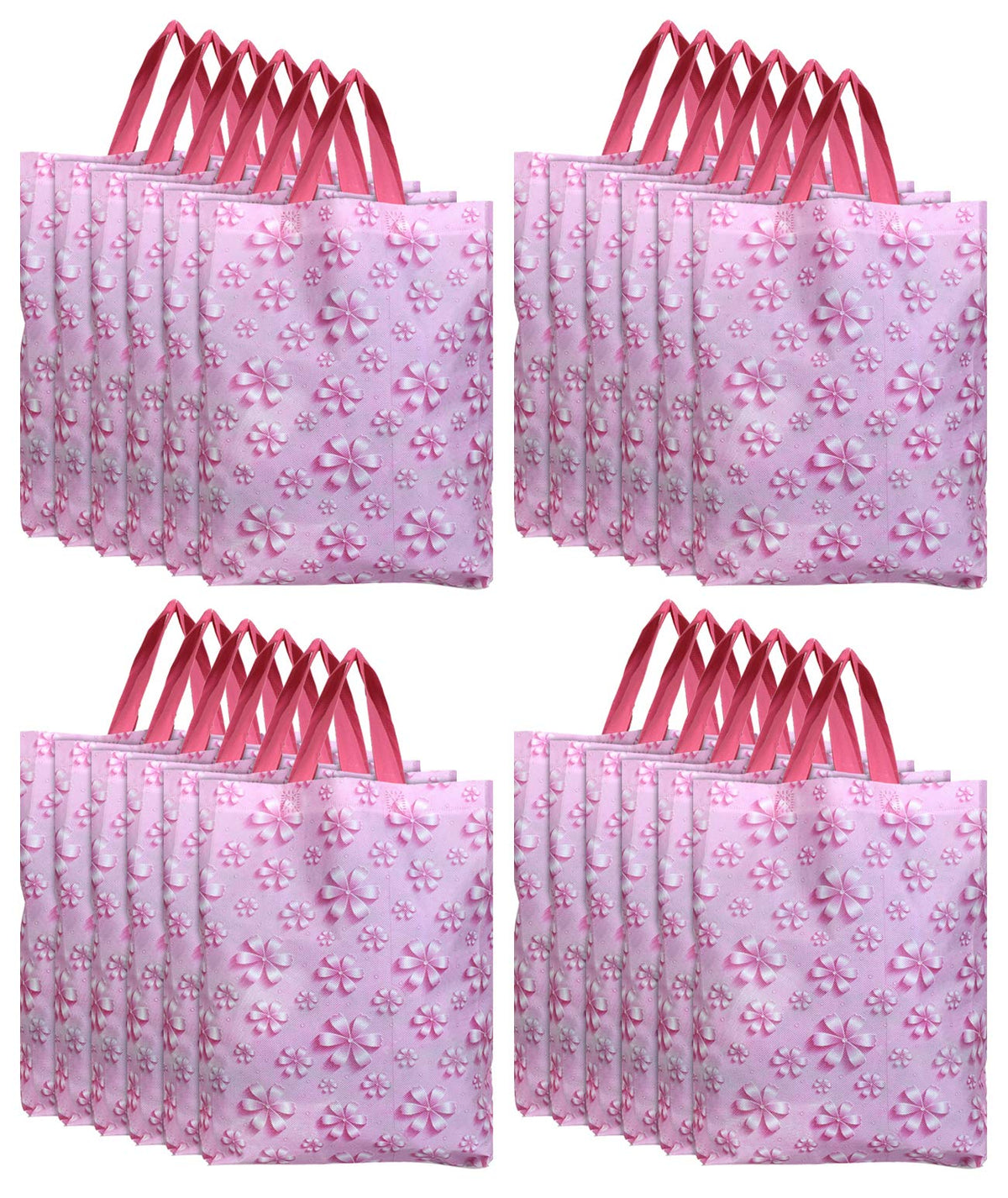 Kuber Industries Non Woven Flower Print Carry Bags with Handles - F_26_KUBBMART016972 - (Pink, 26 cm x 11 cm x 38 cm) -Eco friendly material & paper, Pack of 24