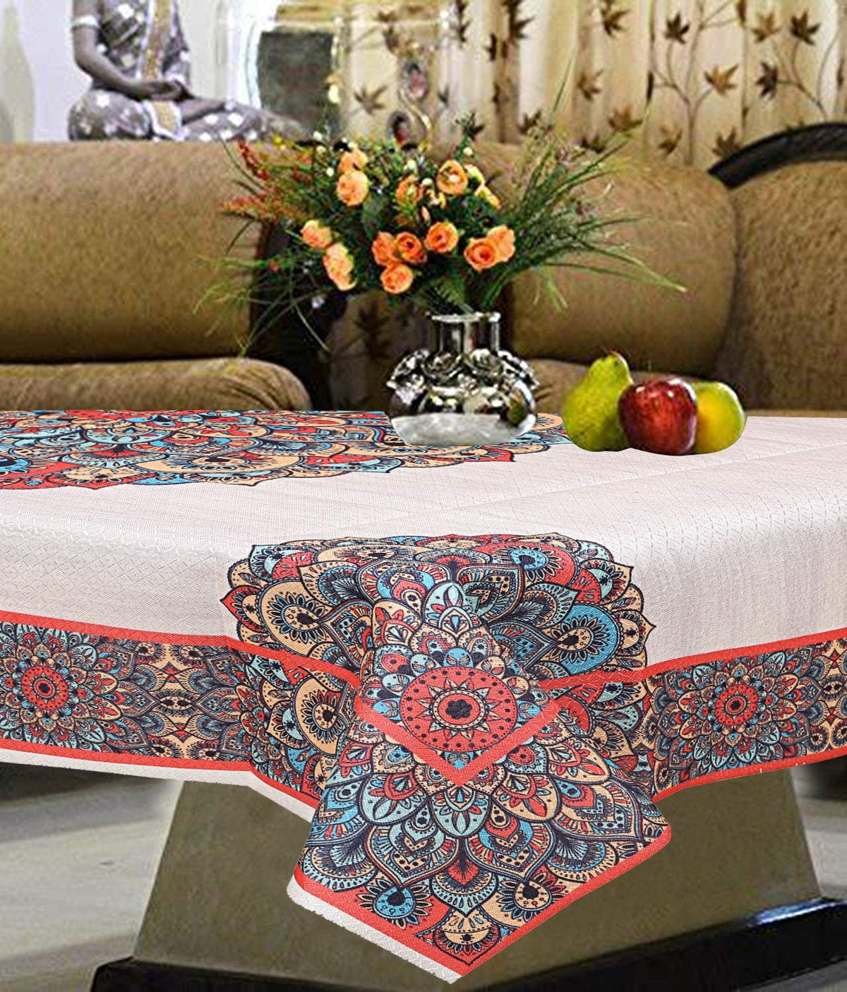 Kuber Industries Table Cloth|Center Table Cover|Round Table Cover|Table Cover 4 Seater|Floral Design|Rectangular,Cotton,Standard