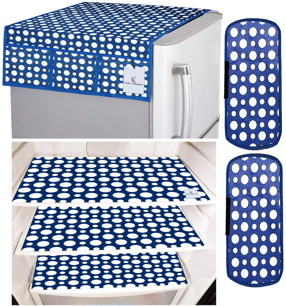 Kuber Industries Polka Dots Design 3 Pieces PVC Fridge Mats,2 Piece Handle Cover and 1 Piece Fridge Top Cover (Blue) CTKTC33656