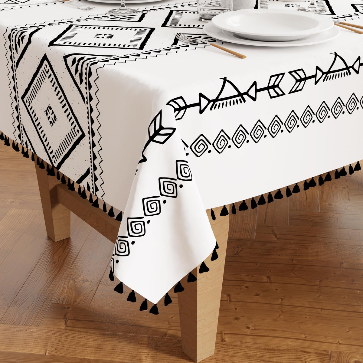 Encasa XO Silky Polyester Table Cloth for 6 to 8 Seater Table | Printed Boho Panel Design with Tassels | Use Kitchen Dining, Festivals, Indoor & Outdoor Parties with Size 140x240 cm