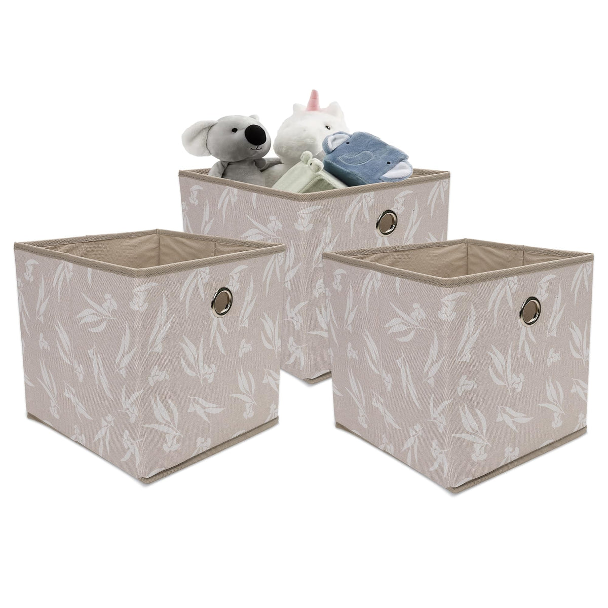 Anko Polyester Foldable Storage Box for Clothes, Books, Toys | Set of 3 | Sturdy, Durable Fabric with Strong Eyelets | Collapsible Organizer for Home, Office, Bedroom | Leaf Print | 10.6 inches