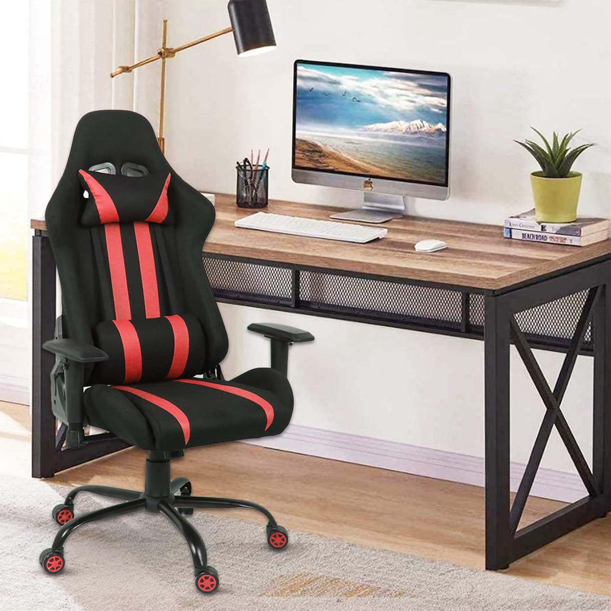 Kuber Industries Ergonomic Office Chairs for Work from Home | Comes with Manual Height Adjustable, Armrest, Headrest & 2D Lumbar Support | Comfy Study Chair for Students with Wheels | Black & Red