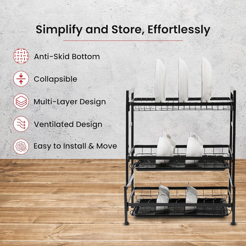 3-Layer Dish Drying Rack with Drainboard & Cutting Board Holder, Black ...