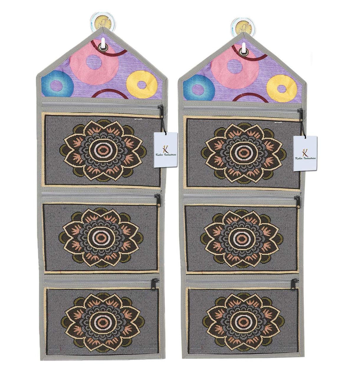 Kuber Industries Flower Design 2 Pieces Cotton Wall Hanging Magazine Holder(Grey) - CTKTC34506