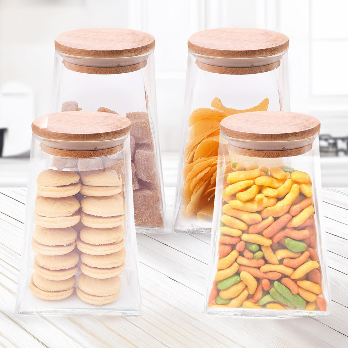 UMAI Borosilicate Glass Jar with Bamboo Lid | Kitchen Organizer Items and Storage | Multi-utility, Leakproof, Airtight Storage Jar for Cookies, Snacks, Tea, Coffee, Sugar | 560 ml (Pack of 4)