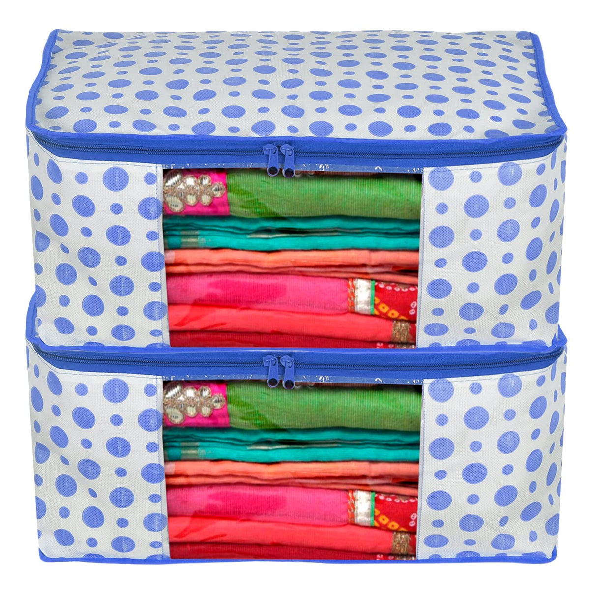 Kuber Industries Dot Printed Non-Woven Saree Cover, Cloth Organizer, Wardrobe Organiser With Tranasparent Window- Pack of 2 (Blue)-46KM0492