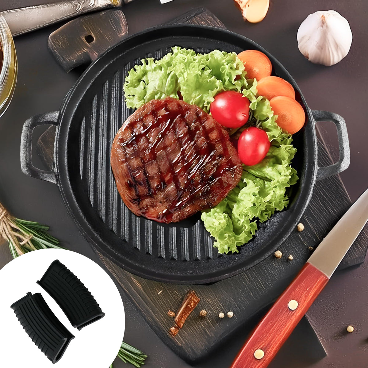 UMAI Cast Iron Grill Pan (30 cm) with Two Side Handles | Silicone Sleeve | Gas and Induction Compatible Kitchen | Tikka/Kebab/Skewer/Barbeque/Sandwich Maker | Tandoor Grill Pan