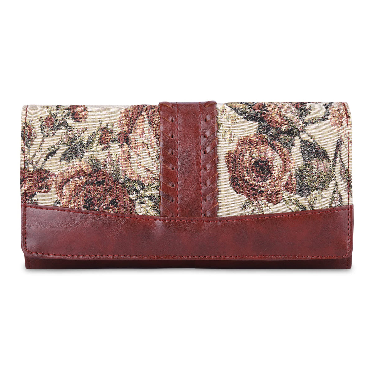 THE CLOWNFISH Serina Collection Tapestry Fabric & Faux Leather Snap Flap Style Womens Wallet Clutch Ladies Purse with Card Holders (Brown-Floral)