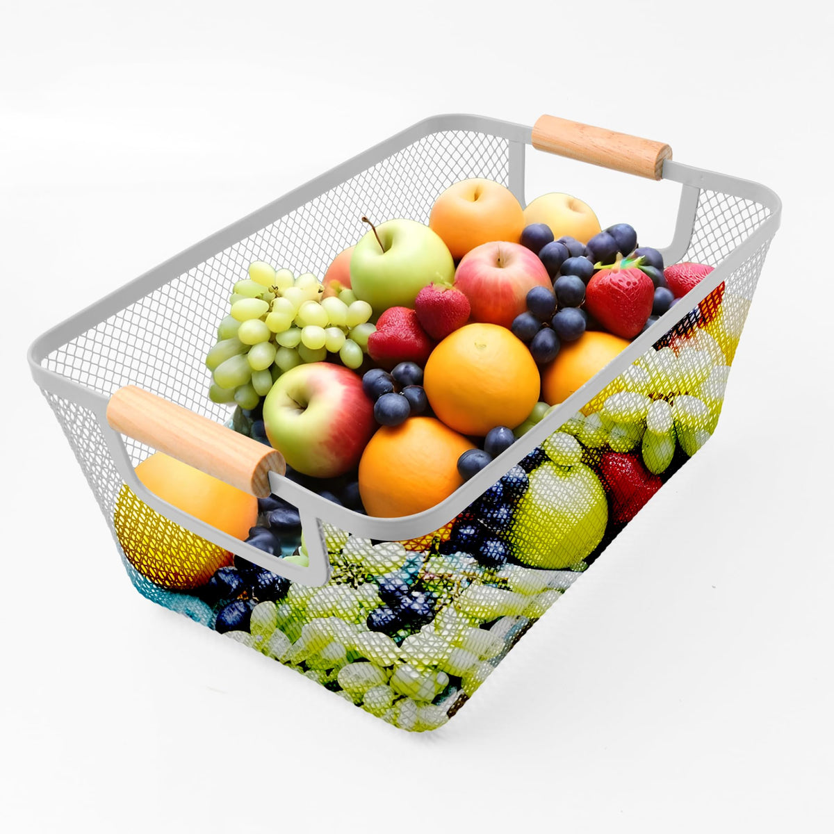 UMAI Rectangular Metal Mesh basket for storage with wooden handles (White) | 360 Gm | Fruit basket & Vegetable basket for kitchen | Home Decor Items | Organisers Storage Box | Storage Organizer |