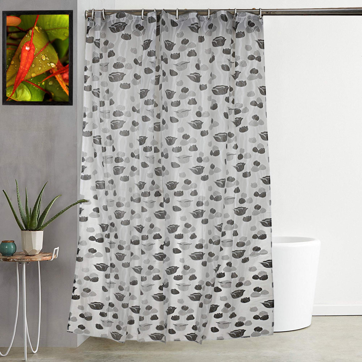 Kuber Industries Floral Design PVC Shower Curtain with Hooks - 54"x84", Grey