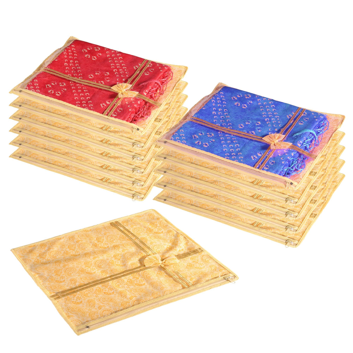 Kuber Industries Clothes Organizer For Wardrobe (Pack of 12) - Single Storage Organizer For Saree | Salwar Suit | Lehenga | Clothes - Dress Organizer For Wardrobe - Single Saree Covers With Zip (Gold)
